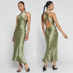 Reformation Casette Silk Midi Dress 4 Artichoke Criss-cross Open Back Cowl Neck
